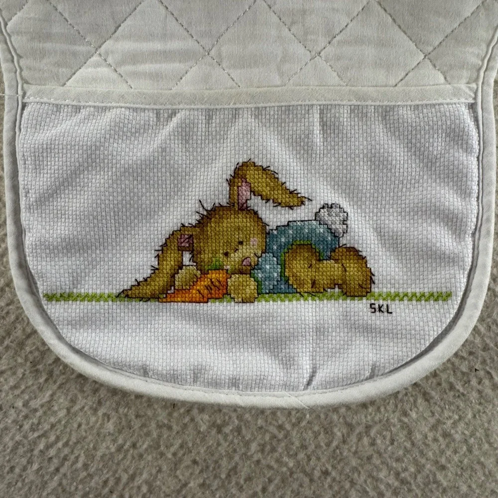 Handmade Quilted Baby Bib OS White Cross Stitch Bunny Carrot Vintage Baby Shower